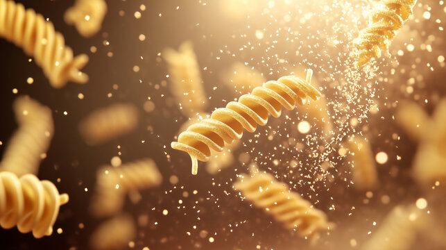 Fusilli pasta raining down with motion blur, creating a swirling effect, illuminated by warm tones that highlight each twist and emphasize a sense of movement