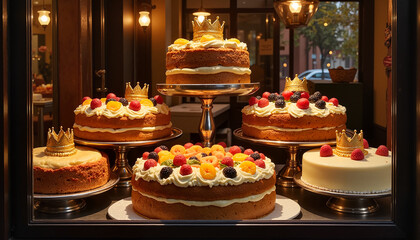 Decorated cakes with fruits and crowns, celebratory mood, dessert display, inviting ambiance