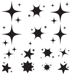 Retro futuristic bright vector icons collection. Set of original star sparkle shapes. Abstract shine effect vector sign. Glowing light effect, twinkle templates stars and bursts, shiny flash