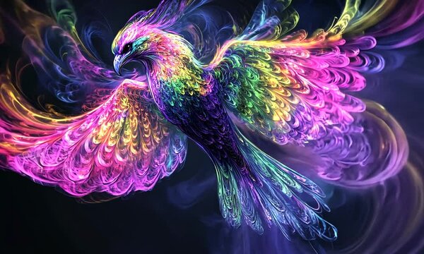 A vibrant, colorful phoenix with intricate feather patterns in swirling hues.