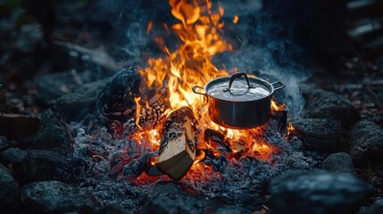 Cooking a hearty meal over a crackling campfire in the woods at dusk