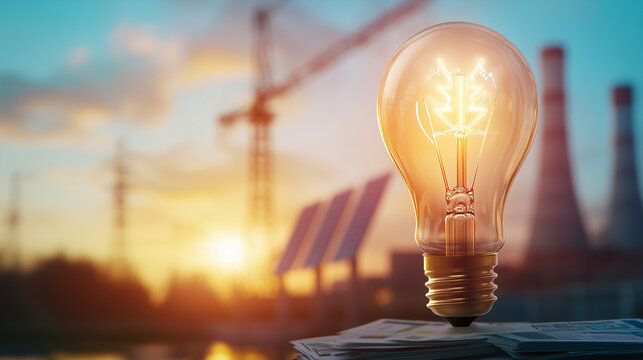 Towering light bulb glowing over electricity bills, with hydroelectric, nuclear, and solar energy sources arranged in the background, showing a vision of affordable, clean energy