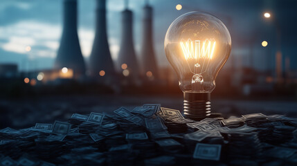 Massive light bulb casting a bright light on piles of dollar signs, with nuclear, hydroelectric, and renewable energy sources in the distance, underlining the goal of energy afford