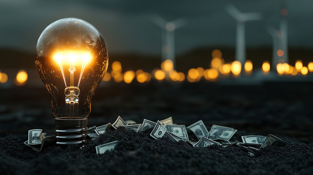 Massive light bulb casting a bright light on piles of dollar signs, with nuclear, hydroelectric, and renewable energy sources in the distance, underlining the goal of energy afford