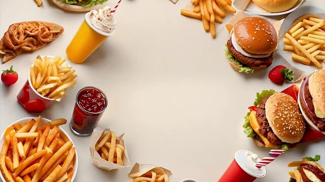 Variety of fast food items creating a frame against a background, showcasing delicious meal options.