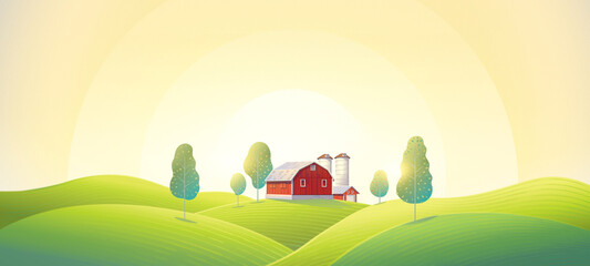 Rural summer landscape with a red small farm and agricultural fields on hills against a dawn sun background. Raster illustration.