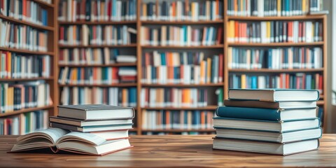 Fototapeta premium A neat stack of colorful books arranged on a wooden table in a quiet library setting, information, academic, fiction