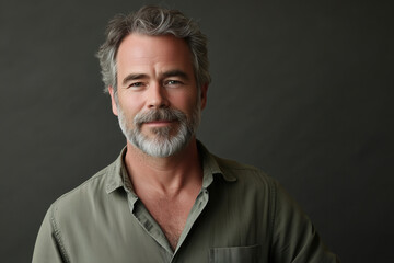 Fototapeta premium A middle-aged man with salt-and-pepper hair and a beard smiles confidently in a casual green shirt against a dark background. Generative AI