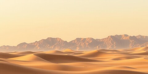 Naklejka premium Barren western desert in Egypt at Farafra Oasis with rolling sand dunes, sparse vegetation, and distant mountains, wilderness, desolate