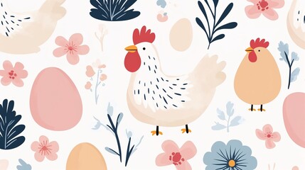 Obraz premium Soft Floral Pattern with Easter Chickens and Eggs