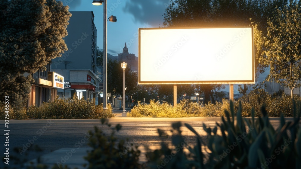 Poster A large, illuminated blank billboard stands empty in a tranquil urban setting during dusk. Surrounding the sign, lush greenery adds a touch of nature, while nearby buildings create a calm atmosphere.