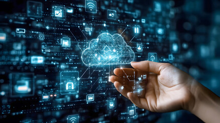 Hand touching a digital screen with icons of technology and online network connection, cloud storage, or security system on a dark blue background