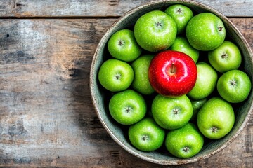 a bowl of green apples and a red