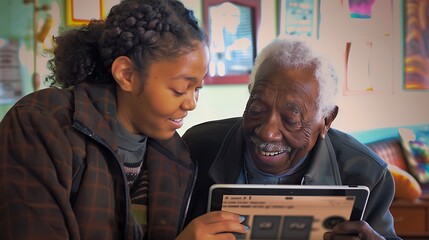 Friendly young woman in a community center helping an elderly man with technology, both smiling as they look at a tablet screen --ar 16:9 --v 6.0 - Image #4 @Gomez.comm