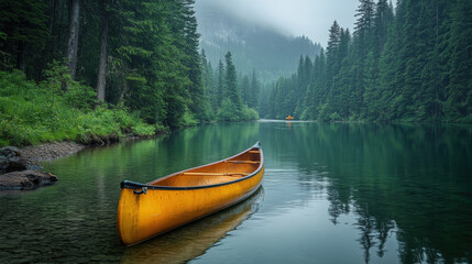 A bright yellow canoe gliding through a calm forested lake on a misty morning