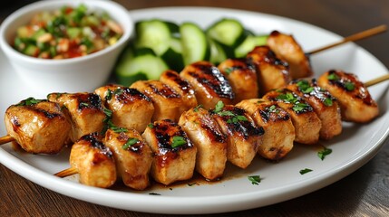 Grilled Chicken Skewers with Cucumber Slices and Parsley Garnish