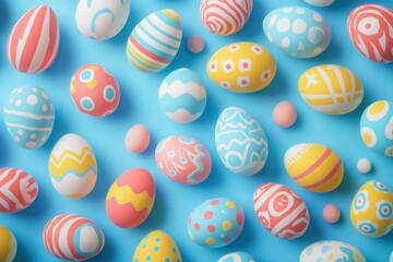 Fototapeta premium Colorful Easter Eggs on Bright Blue Background