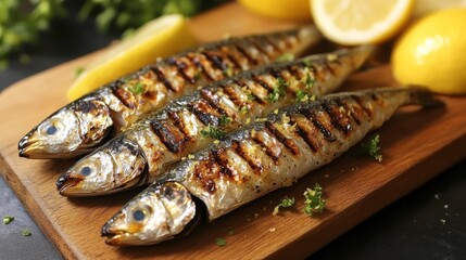 Grilled Fish with Lemon and Parsley on a Wooden Cutting Board