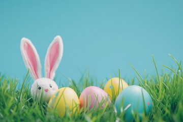 Fototapeta premium Cute Bunny with Colorful Easter Eggs in Grass