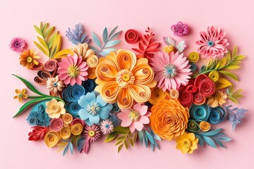 Vibrant Paper Flowers Arrangement on Pink Background