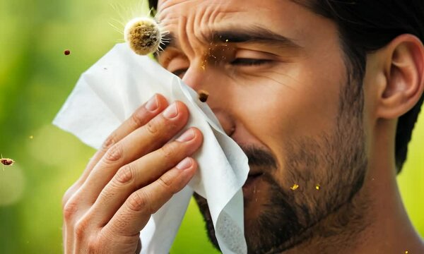 Allergic man sneezing with tissue. Portrait of handsome young allergic man is suffering from pollen allergy or cold on natural flowers. Copy space