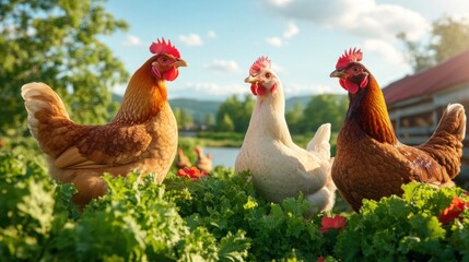 Fototapeta premium Three chickensвЂ”two brown and one whiteвЂ”are exploring vibrant greens on a farm. The clear blue sky and sunlight create a serene atmosphere, highlighting rural life
