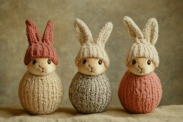 Obraz premium Cute Knit Bunnies in Adorable Hats