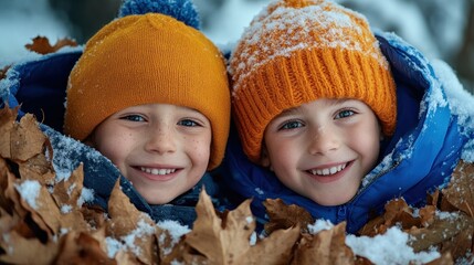 Two young boys wear bright orange and blue winter hats and smile happily. They are surrounded by fallen leaves and snow, enjoying a cold winter day together