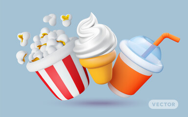 Vector illustration of realistic set of fast food icon. Bucket of pop corn, ice cream, cola drink cup. 3d design of fast food with flying popcorn, ice cream and soda beverage for cinema banner