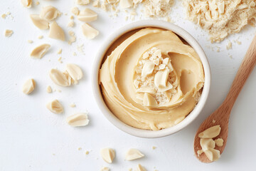 Creamy peanut butter served in a bowl with crushed peanuts scattered on a light background during a cozy kitchen moment. Generative AI