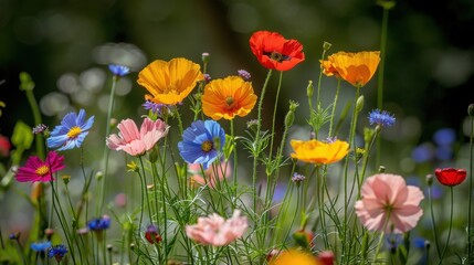 Obraz premium A close up of various vibrant wildflowers including red poppies, blue cornflowers, and yellow marigolds creating a lively and colorful scene.