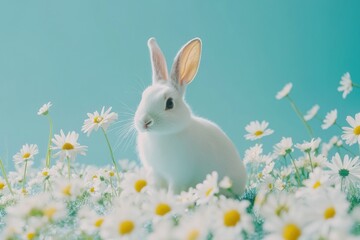 Obraz premium White Rabbit Among Daisies in Soft Light