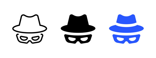 Incognito icon. Anonymous symbol with hat and mask. Spy agent sign. Hacker vector illustration. Privacy security pictogram. Anonymous person identity. Detective concept. Bandit mask silhouette