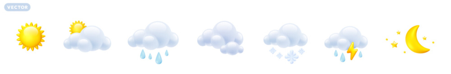 Vector forecast weather illustration of icon set with summer sun, cloud, crescent moon, rain drop, winter snow, cold rainy thunder. 3d cartoon style design of sun, half moon, rain, thunder, snow cloud