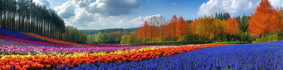Fototapeta premium A panoramic view of a colorful flower field with rows of tulips and grape hyacinths in bloom, set against a backdrop of trees with autumn colors and a bright sky.