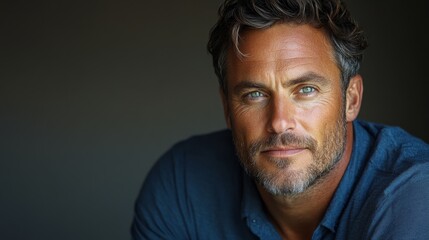 Obraz premium portrait of caucasian handsome man 40 years old in classic blue shirt on dark background, businessman