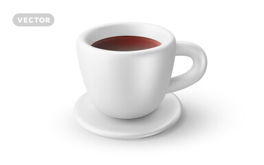 Vector illustration of realistic white color coffee cup with ceramic saucer on white background. 3d style design of coffee cup icon for cafe banner