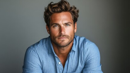 Fototapeta premium portrait of caucasian handsome brutal man 40 years old in classic blue shirt on dark background, businessman
