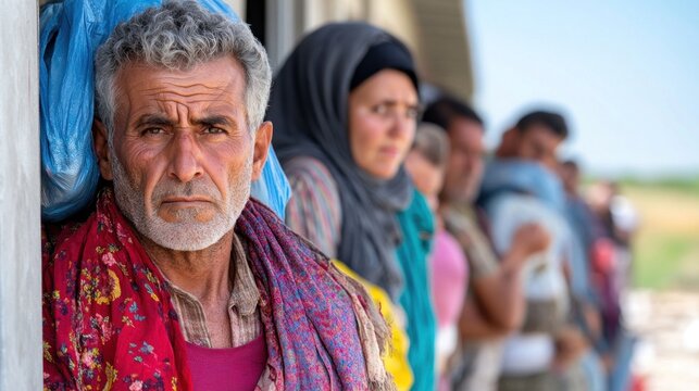 A group of individuals stands in a queue, patiently waiting for aid distribution in a refugee camp. The atmosphere reflects a mix of hope and uncertainty as they seek support for essential needs
