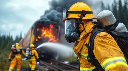 Firefighters are engaged in intense action as they combat a massive fire engulfing a train in a forest. Thick smoke billows into the sky as they work to control the flames