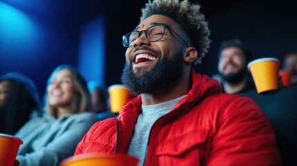 Obraz premium audience member wearing glasses and a red jacket erupts with laughter while enjoying a comedy film in a vibrant theater filled with animated viewers and snacks