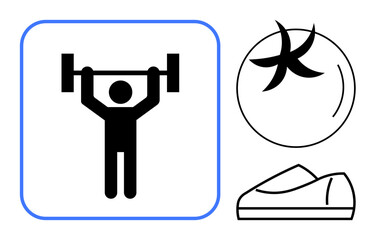 Person lifting barbell weights inside blue-bordered square, an exercise ball, and sneakers. Ideal for fitness apps, workout plans, gym posters, sports gear, health guides, training manuals, wellness