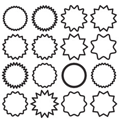 Circle sticker set. Wavy edge promo black badges. Star burst shape tags for price.