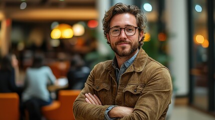 Naklejka premium A Confident Man Poses in a Cozy Cafe with Warm Lighting, Showcasing Style and Personal Charm in a Delightful Social Environment