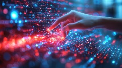 Futuristic Hand Reaching Toward Colorful Data Stream with Glowing Particles and Light Trails in Blue, Red and Purple, Symbolizing Technology and Connectivity
