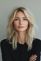 Naklejka premium minimalistic portrait of beautiful blonde woman 35 years old on light background