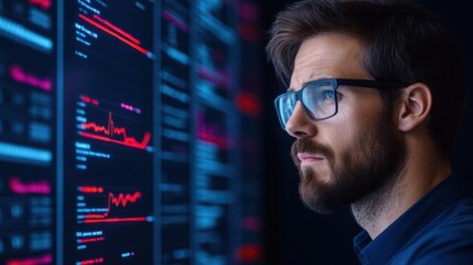 data analyst intently studies various digital graphs and metrics displayed on multiple screens, illuminated in a darkened office environment