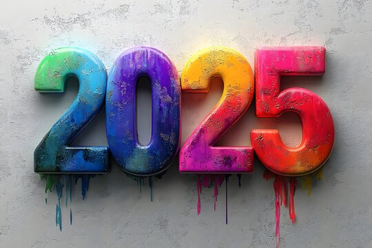 Colorful 2025 mural in urban setting celebrating New Year’s Eve. Generative AI.