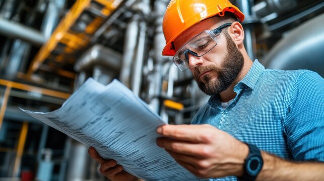A construction worker reviews technical documents at an industrial facility, showcasing his attention to detail while ensuring safety protocols are followed