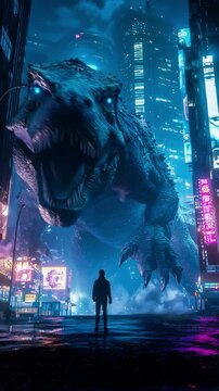 Giant Dinosaur in Neon-Lit Futuristic City Scene